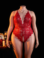 Plus Size Sexy Crotchless Lingerie Women Lace Hollow Bodysuit Erotic Pajamas Teddy Babydoll Dress Deep V Open Bra Underwear Set