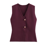 Foridol Gold Button Knitted Tank Top Women Autumn Winter Burgundy Short Vest Sleeveless V Neck Chic New Fashion Tops