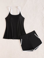 Black White Patchwork Tankini Set Swimwear Women 2026 Double Strap Push Up Tank Top High Waist Pocket Short Two Piece Swimsuit