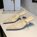 BIGTREE Crystal Mesh Fabric Pointed Toe Slippers Women Sexy Elegant Buckle Strap Party Prom Thin Low Heels Mule Shoes