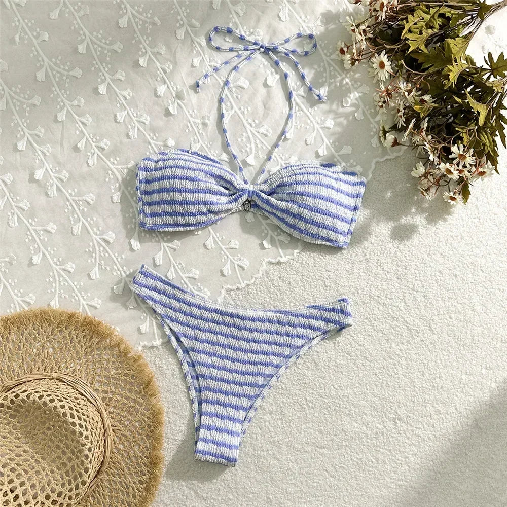 Striped Print String Halter Bandeau Bikinis Sets 2026 Sexy Swimsuit Women Ruched Swimwear Bathing Suit Brazilian Bikini Mujer