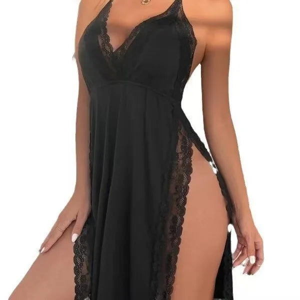 Sexy Leopard Print Backless Nightgown with Lace Trim, Deep V Halter Lingerie Dress for Women, Side Slit Soft Nightwear Sexy Chic