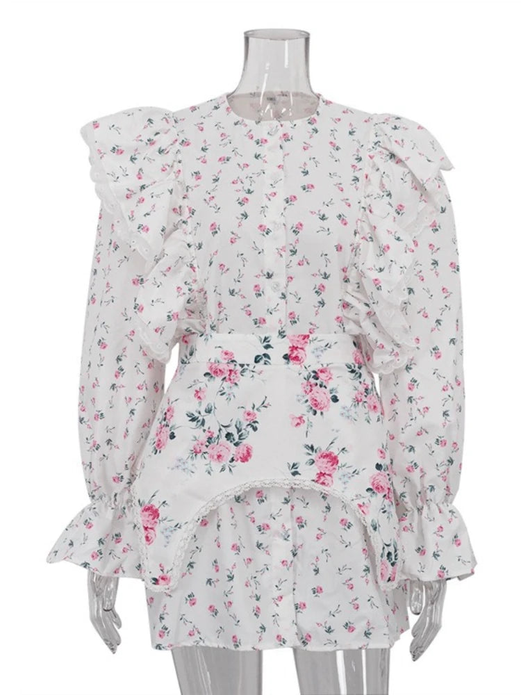 FDYOUI Women's O-neck Single Breasted Ruffles Floral Dress with Corset Ladies Chic Long Sleeve Tunics Shirts Dresses High Street