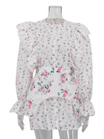 FDYOUI Women's O-neck Single Breasted Ruffles Floral Dress with Corset Ladies Chic Long Sleeve Tunics Shirts Dresses High Street