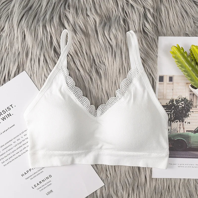 Women's Lace V Neck Rib Camisole Tube Top Bralette Criss Cross Back Removable Foam Pads Wireless Thin Straps Tube Bra
