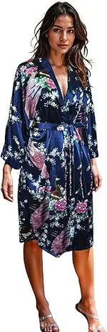 Lace Up Woman Peacock Print Japanese Kimono Yukata Silk Satin Short Style Sleepwear Home Nightgown Bath Robe Costume