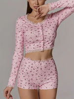 Women’s Floral Lace Trim Pajama Set Front Short Sleeve Top and Shorts Casual Comfortable Sleepwear