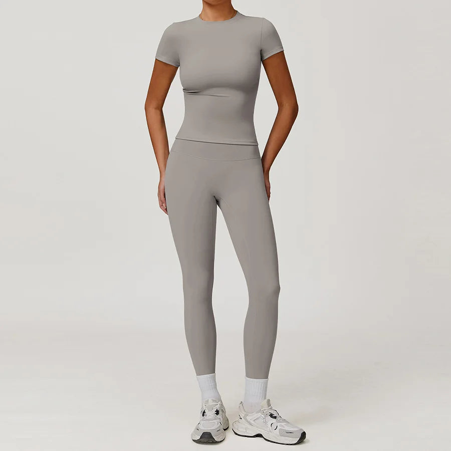 New Yoga Set Two Piece Women Short Sleeve Top with High Waist Leggings Seamless Workout Clothes Patchwork Sport Fitness Gym Sets