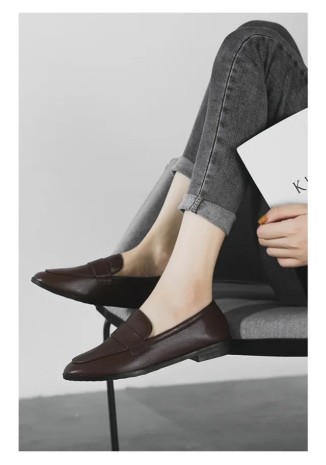 Retro British Style Women Leather Shoes Autumn Flat Casual Loafers Fashion Slip on Round Toe Office Work Shoes Zapatillas Mujer