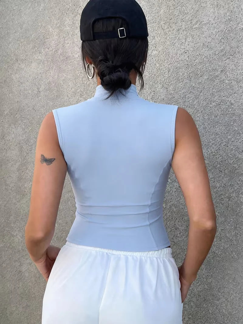 Summer Stand-Up Collar Zipper Sleeveless Vest Women'S Elastic Slim Fit, Quick-Drying, Fitness, Outdoor Sports, Versatile Top