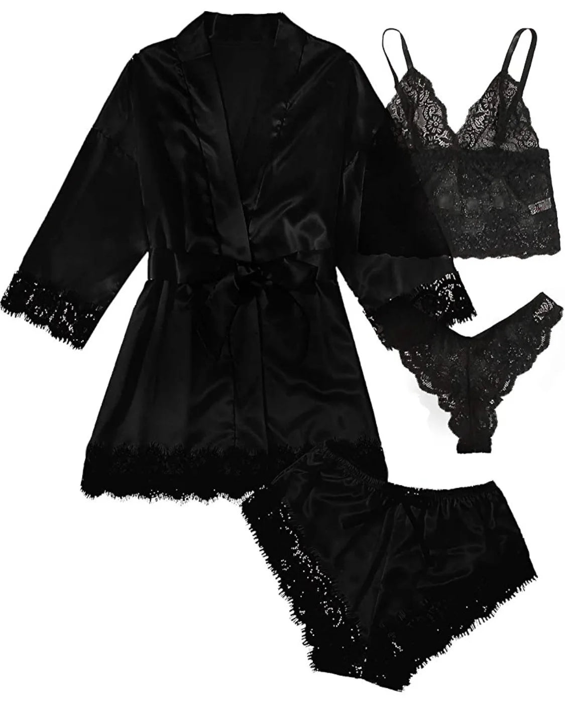 4pcs Women Striped Lingerie Set Lace Trim Robe Camisole Shorts Panties Nightwear Sleepwear Homewear Sexy Pajamas Outfit