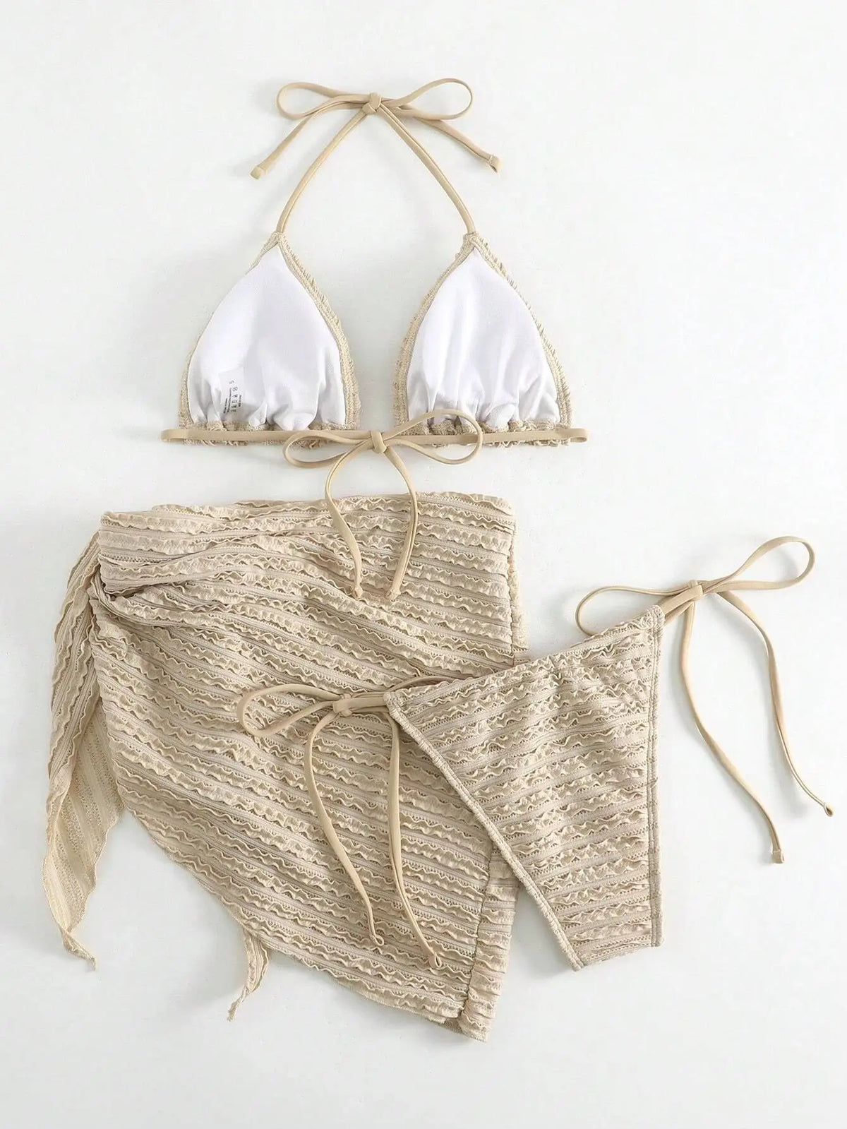 Sexy Mesh Skirt 3 Piece Swimsuit Women Solid Beige Hole Out Push Up Triangle Bikini 2025 Beach Bathing Suit Cover Up Swimwear