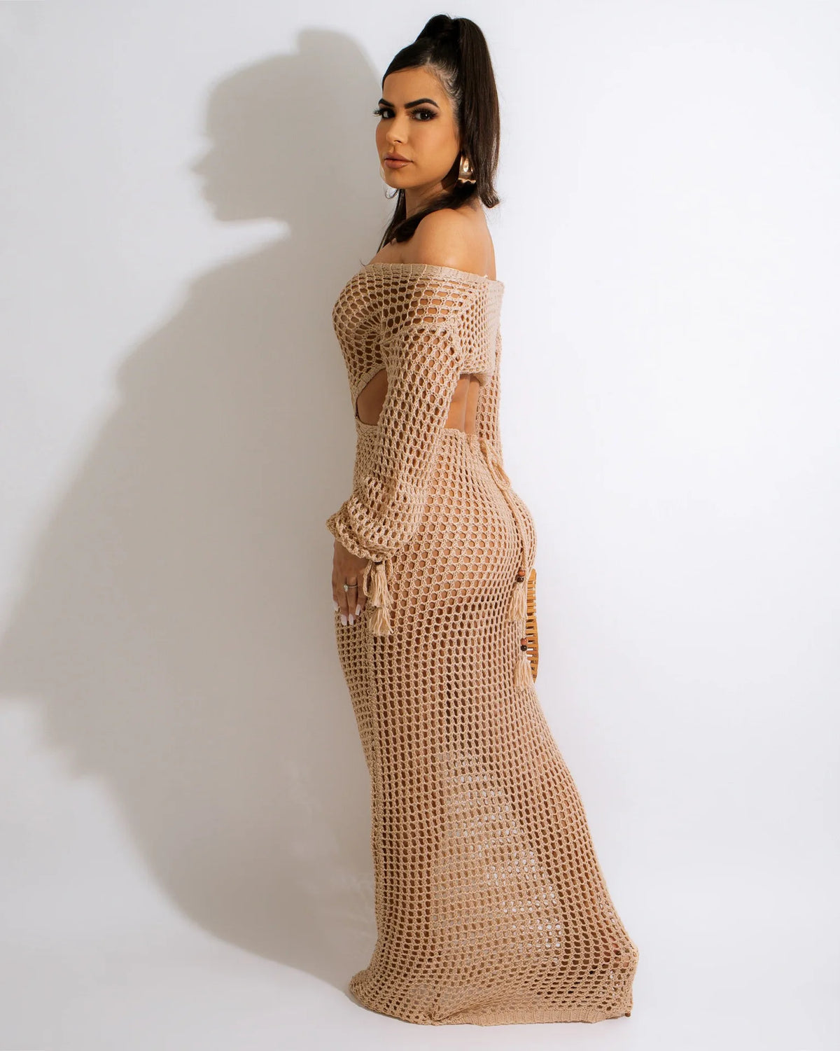 DEKA Women Knitted Backless Cover Up Swimsuit Long-sleeved Crochet Hollow Out Dress Summer Beach Vacation Outfit Beach Dress