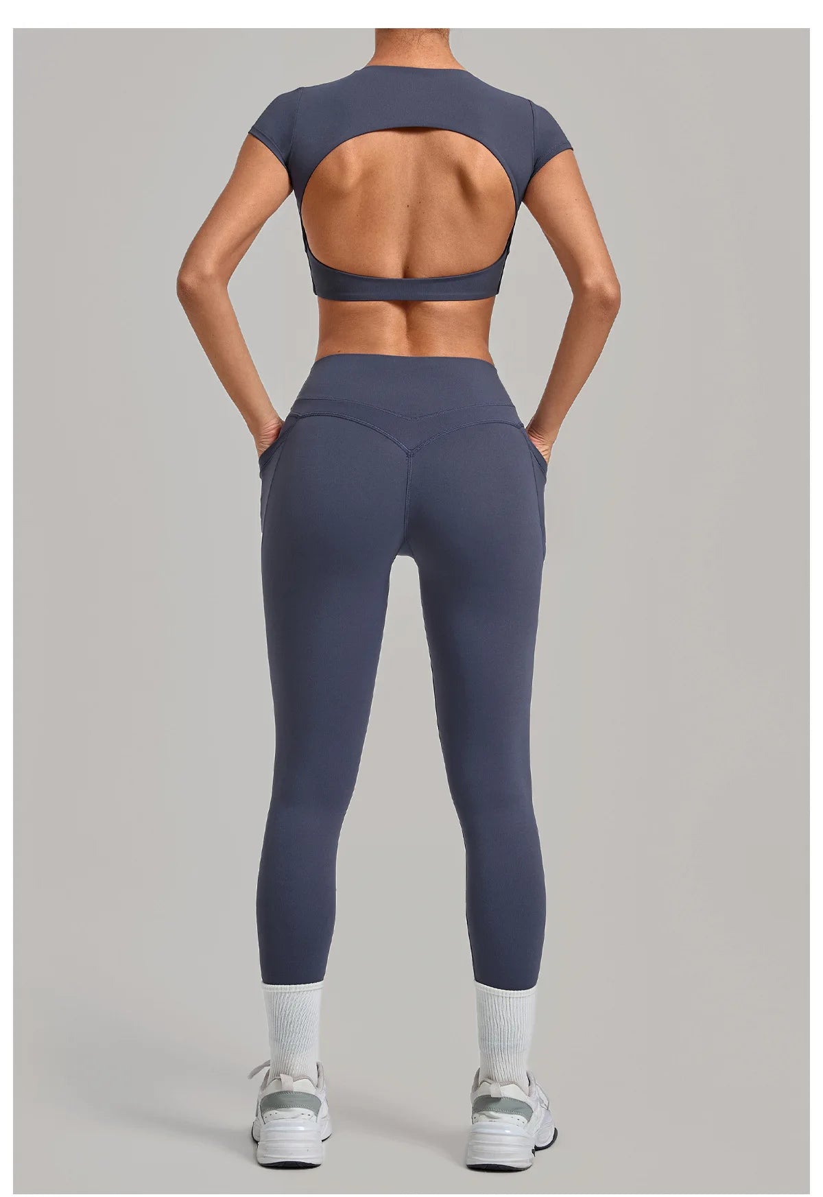 Yoga Set Women's Tracksuit Short Sleeve Back Hollow Out Sports Top Athletic Wear Tight High Waist Pocket Leggings Fitness Suits