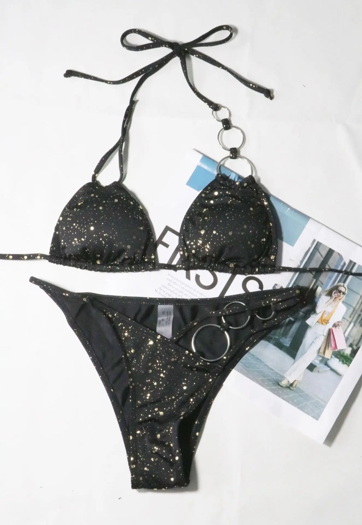 DEKA String Halter Ring Bikini Set Solid Shiny Swimsuit New Linked Chain Swimwear Women Strappy Bathing Suit Beach