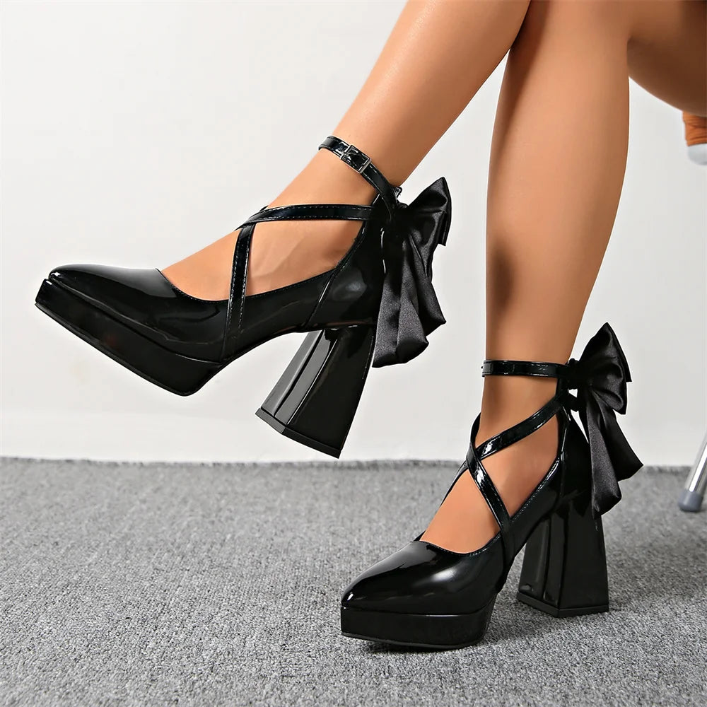 Big Size 42 Black Gothic Cross-strap High Heels Pumps Lolita Bow Tie Chunky Heels Platform Heeled Mary Jane Goth Shoes Women
