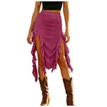 Women Western Boho Midi Skirt High Waist Ruffled Asymmetrical Hem Slit Flowy Summer Skirts Casual Cowgirl Style Streetwear Y2k