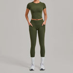 Women's Seamless Yoga Sets Sports Fitness Hip-lifting High Waist Pants Slim Fit Short-sleeve Suits Workout Running Training Sets