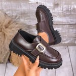 Women Buckle Platform Loafers PU Leather Slip On Chunky Lug Sole Round Toe Casual Office Daily Dress Shoes