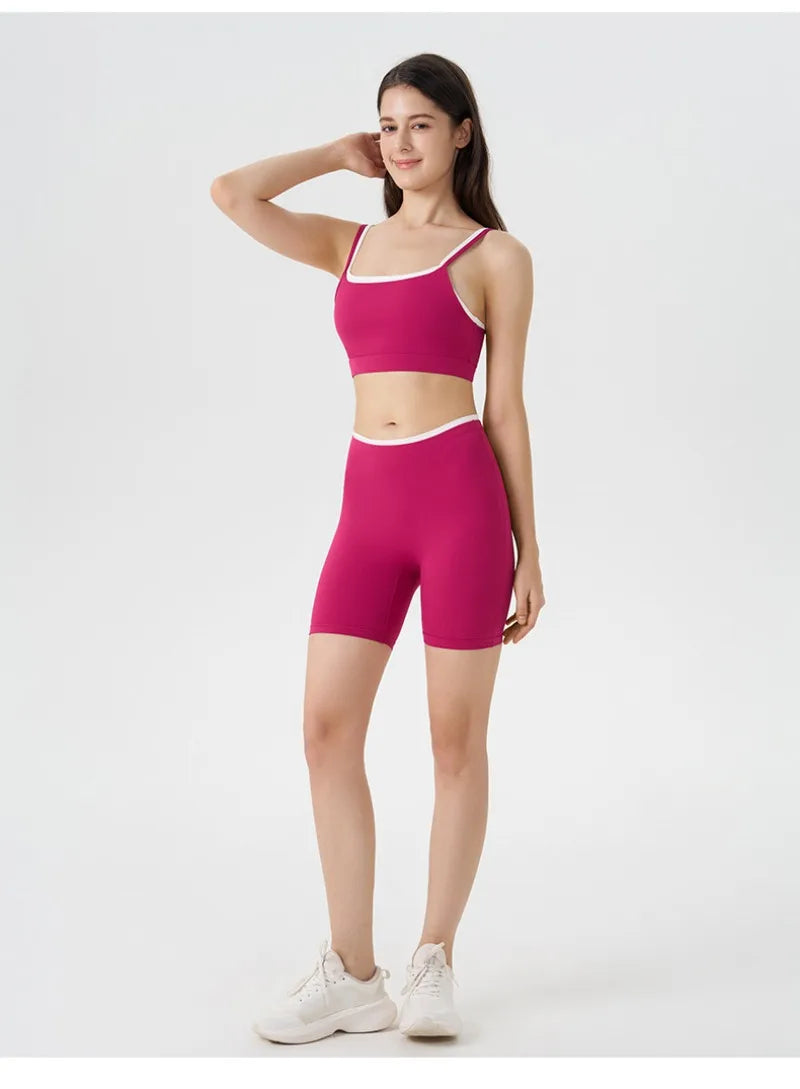 Women's 2-piece Yoga Set Fake Two-Piece Color-Block White Stripe Camisole Running Sports Bra Shorts Yoga Outfit Set