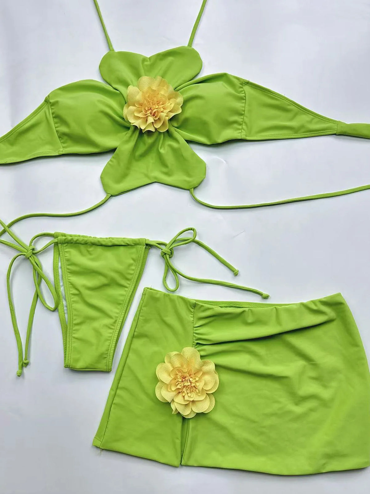 DEKA Women Sexy Green 3D Floral Bikinis Set Halter Push Up Pleate Skirt 3 Piece Swimsuit Beach Bathing Suit Thong Swimwear