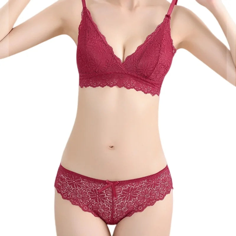 Women Floral Lace Bra And Panties Set Wire Free Bralette Low Rise Briefs Sexy Lingerie Set Ladies Lace Underwear Set