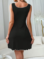 Sexy Black Ribbed Nightdress for WomenElegant Sleeveless Sleepwear with BowRuffled Hem All-Season Lingerie Sleep Dress
