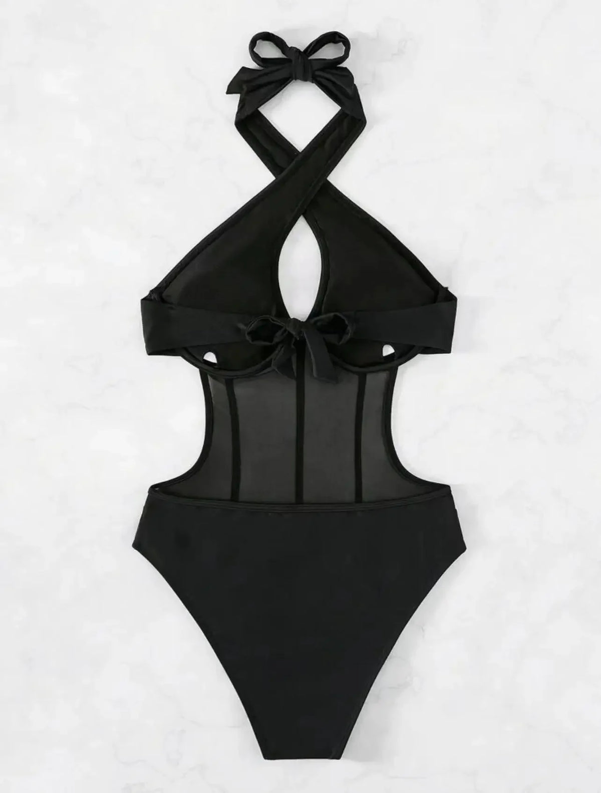 Sexy See Through One Piece Swimsuit 2025 Women Halter Corss Underwire Tummy Control Swimwear Solid Black Hot Pink Bathing Suits