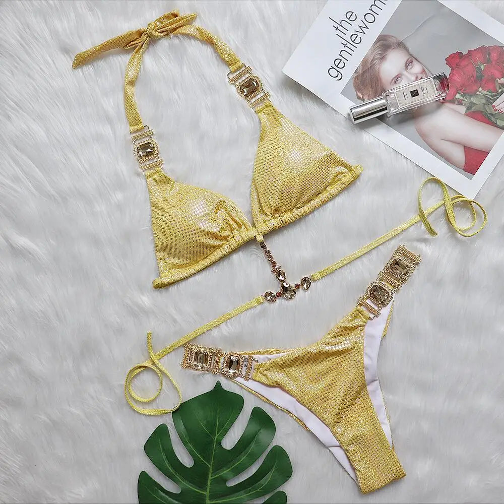 DEKA Women Crystal Diamond Bikini Set Necklace Push Up Swimwear Halter String Thong Swimsuit Biquini Beachwear