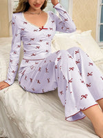 Winter Autumn Pajama Set for Women Sleepwear Lace Trim Bows Print Long Sleeve Top & Full-Length Pants Nightwear Loungewear