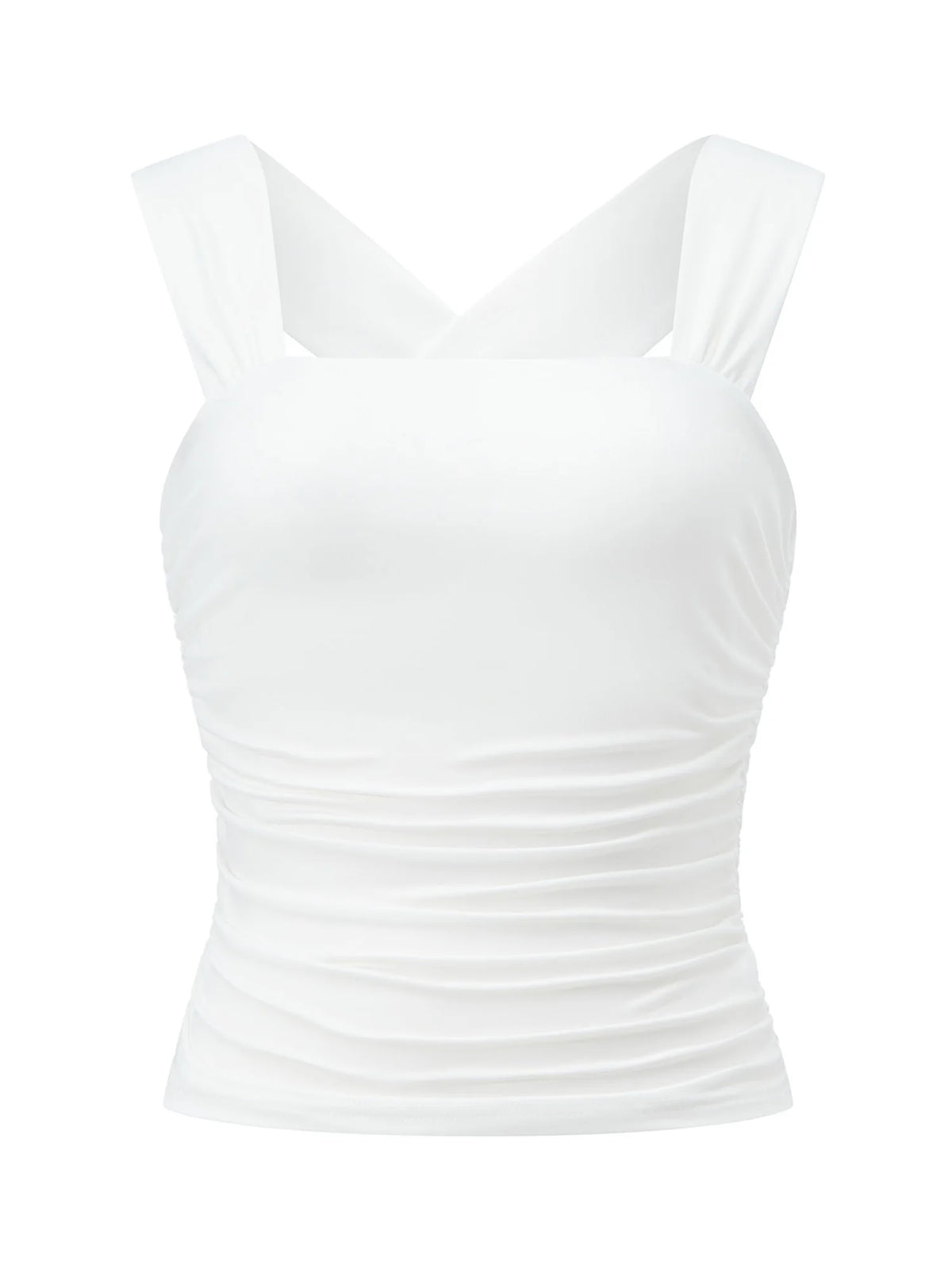Women Square Neck White Tank Tops Ruched Design Sleeveless Solid Color Slim Fit Crop Tops Summer Vest Shirts