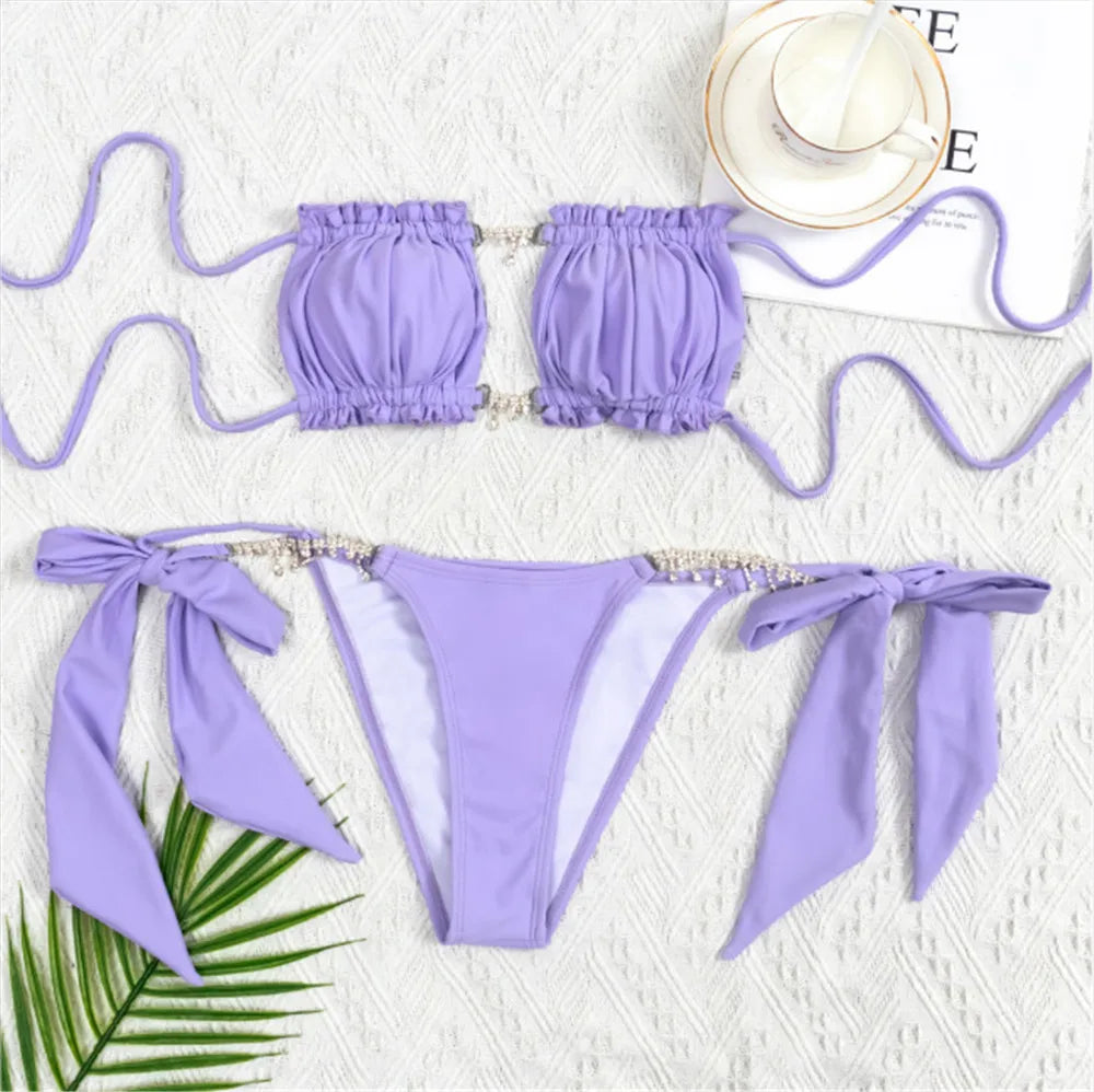 Sexy Rhinestone Chain Micro Thong Bikini Women Swimwear Ruffled Bandeau Swimsuit Knotted Bathing Swimming Suit Bikinis Sets 2026