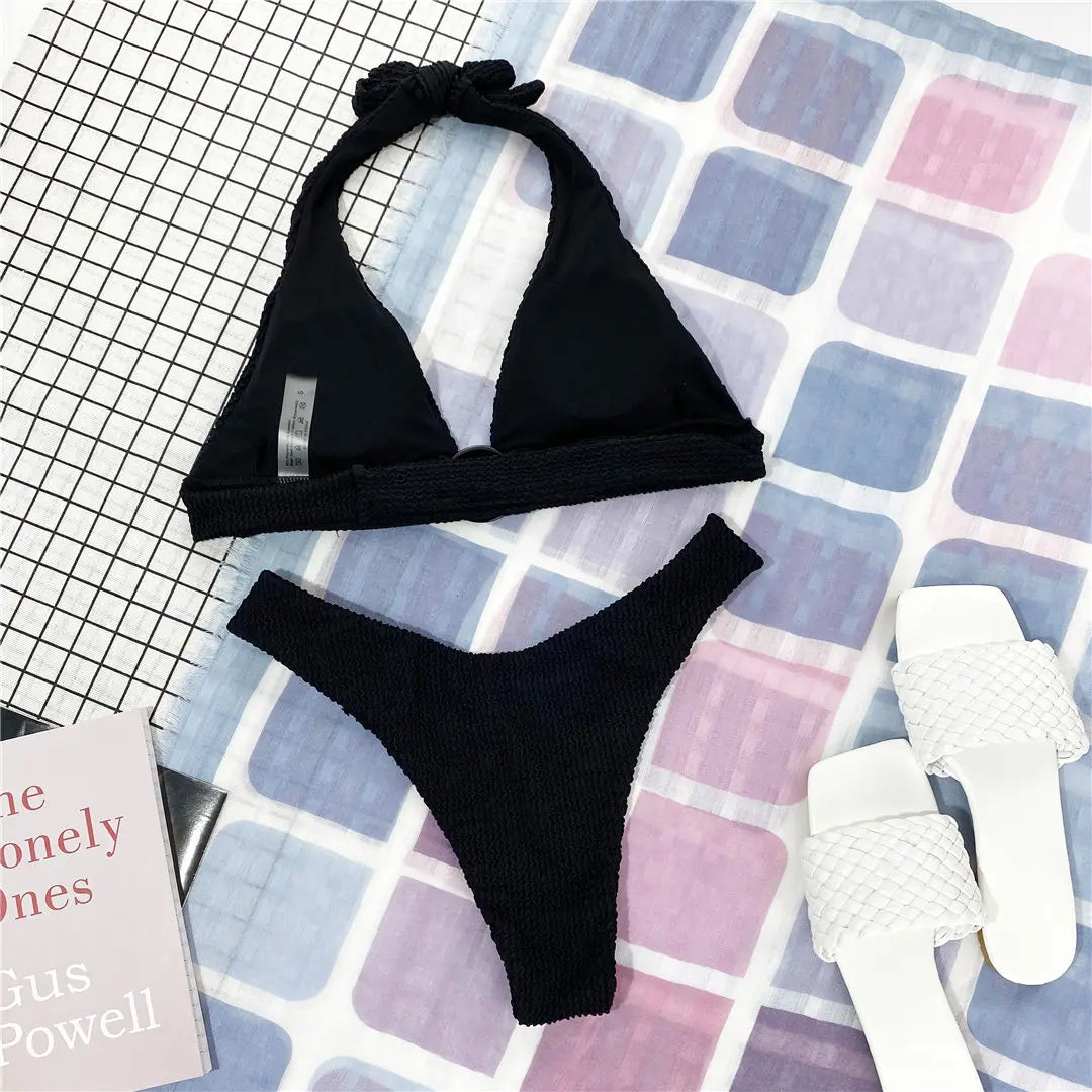 Halter Wrinkled Crinkled Bikini Women Swimwear Female Swimsuit Two-Pieces Bikini Set Brazilian Bather Bathing Suit Swim V2922