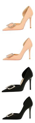 BIGTREE Pumps Elegant Pointed Crystal Buckle Slim High Heel Single Shoes Women Silk Spring/Summer High Heel Pumps Wedding Dress