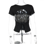 FDYOUI Fashion Casual Backless Lace-up T-shirts Women's Summer O-neck Short Sleeve Cropped Tops Streetwear Y2K Solid Tee Shirt