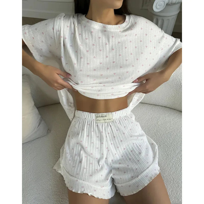 2026 New Women's Pajama Set Summer Comfortable Breathable Casual Printed Short Sleeve Shorts Home Clothes Sports Set Hot Selling