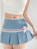 Striped Contrasting Color Bow Lace Splicing Pleated Skirt Women 2026 Summer American Style Low WaistA-line Short Skirt UBFK