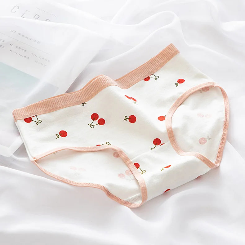 Cotton Panties Comfy Underwear Women Low Waist Briefs Female Underpants Lingerie Ladies Pantys M-XL Cherry Printed Design