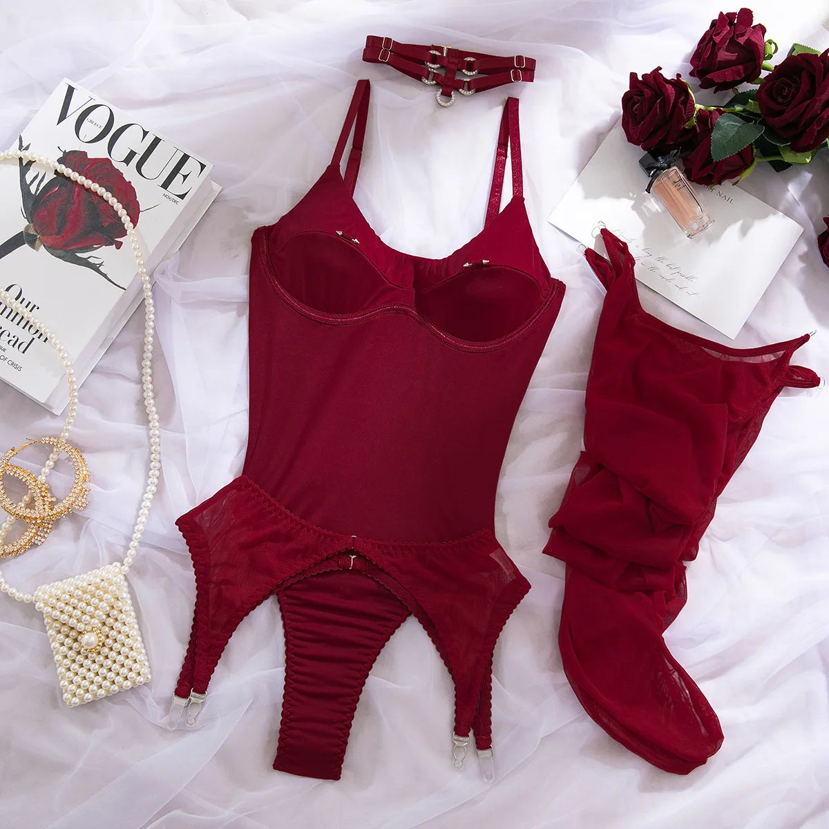 Toucheart Erotic Bodysuit Sexy Hot Tight Plunge Seductive Women's Intimate Flirt Romantic Garter Four-piece Set with Stockings