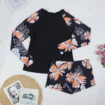 Women Two Pieces Vintage Print Rash Guard Swimwear Long Sleeve Shirt Shorts Surf Top Retro Print Running Shirt Split Swimsuit