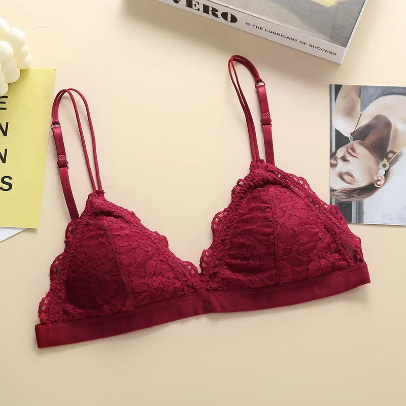 V-Neck Double Strap Floral Lace Bralette Women Scallop Edge Wireless Bra Sexy Lingerie Back Hook Closure Daily Intimates S-L