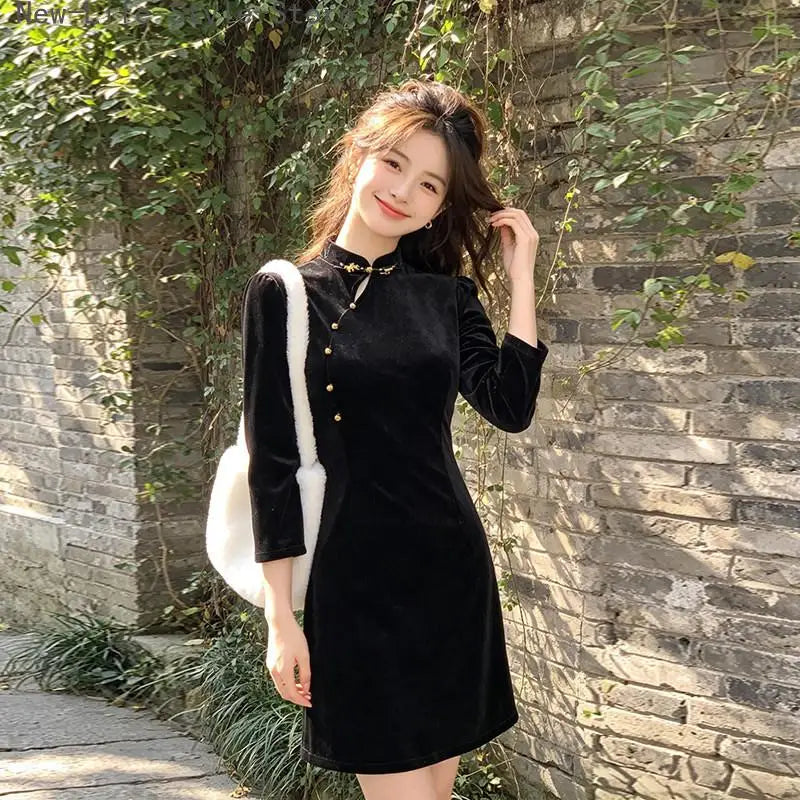Black New Chinese Style Improved Qipao Dress Long Sleeve Short Cheongsam Retro Elegant Women Dress for Party Banquet Daily