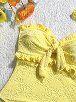 Vintage Front Bow One Pice Swimsuit 2026 Women Sexy Yellow Ruffles Push Up Slim Fit Tummy Control Swimwear Holiday Bathing Suits