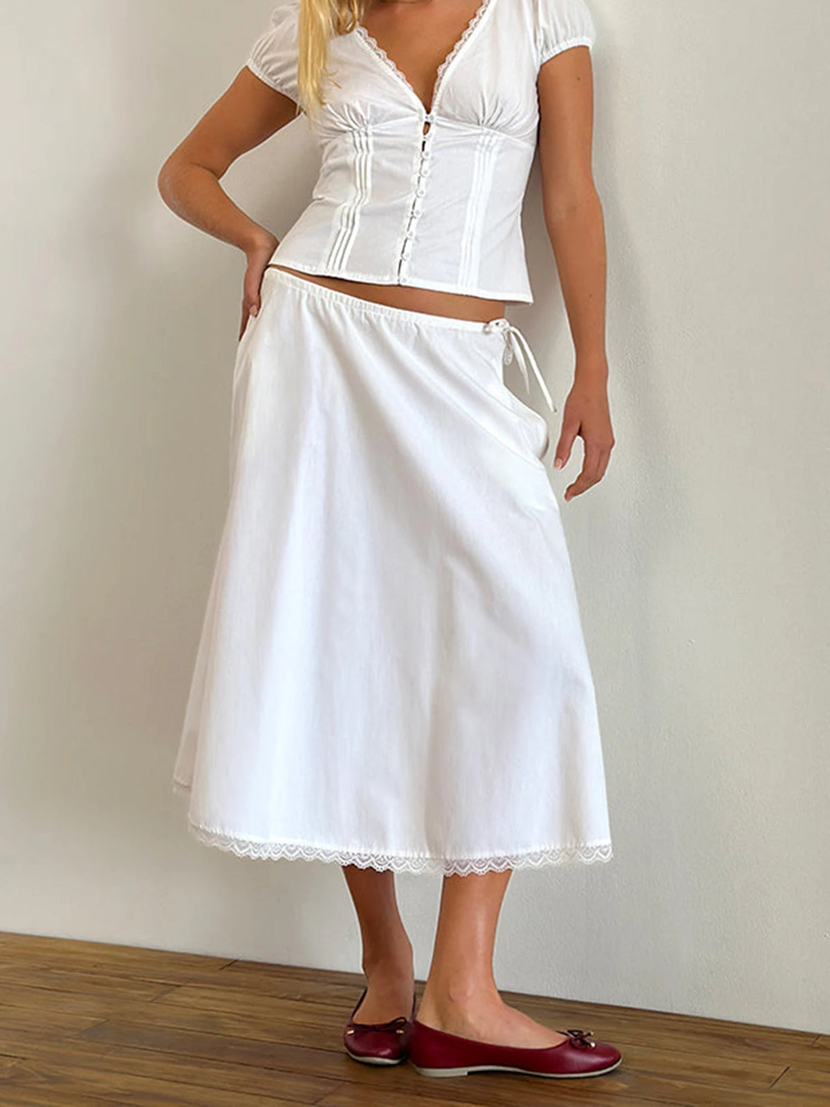 Women's Summer Solid Color Casual Shirt Short Sleeve Deep V Neck Lace Trim Buton Up Party Sweet Crop Tops