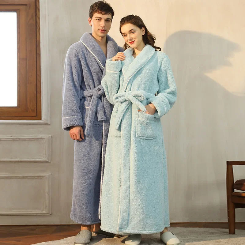 Men's and Women's Styles Winter Bathrobe Long Sleeve Warm Turn Down Collar Fluffy Bath Robe with Sashes Solid Fleece Gown 2025