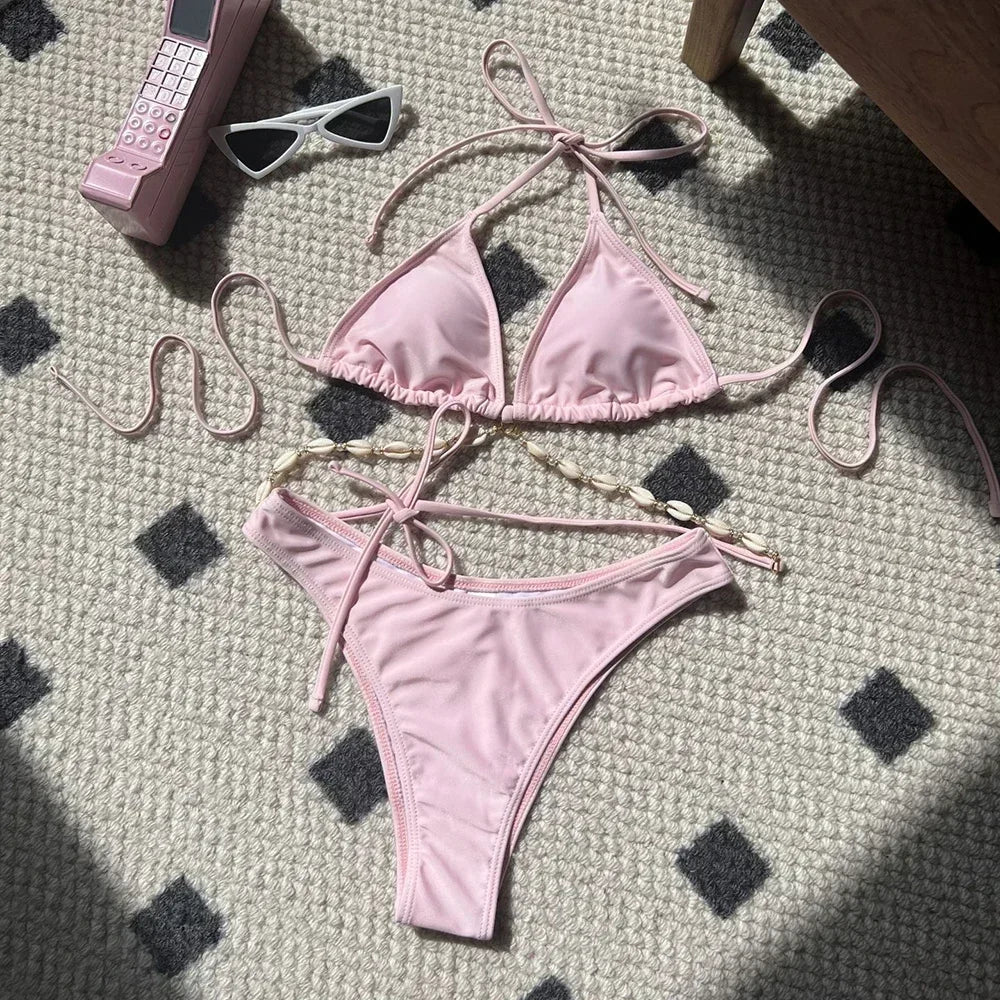 Sexy White Shell String Halter Triangle Bikini Set Women Swimwear Micro Thong Swimsuit Bathing Suit Mini Bikinis 2026 Mujer Swim