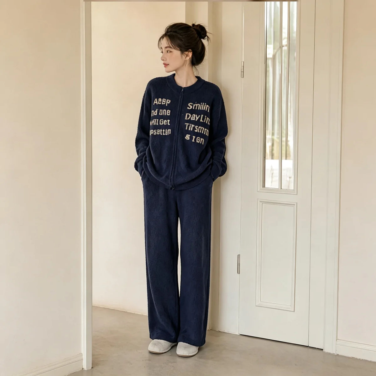 Autumn Winter Thick Zipper Cardigan Casual Wearable Outside Ladies Homewear Sleepwear Women Half Velvet Two Piece Pajama Set