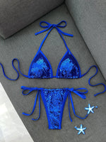 Shiny Sequin Blue Bikini Set 2026 Women Sexy Halter Push Up Bra Bandage Thong Swimsuit Beach Bathing Suit Hoiday Micro Swimwear