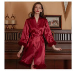 Satin Feather Patchwork Bride Bridesmaid Robe Sexy Kimono Bathrobe Gown Casual Sleepwear Intimate Lingerie Female Nightgown