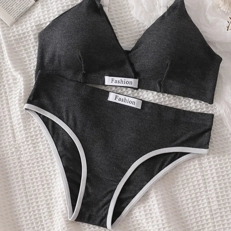 Women Cotton Bra And Panties Set Low Rise Briefs Panties Non-Wire Vneck Bras Sexy Lingerie Push Up Brassiere Female Underwear